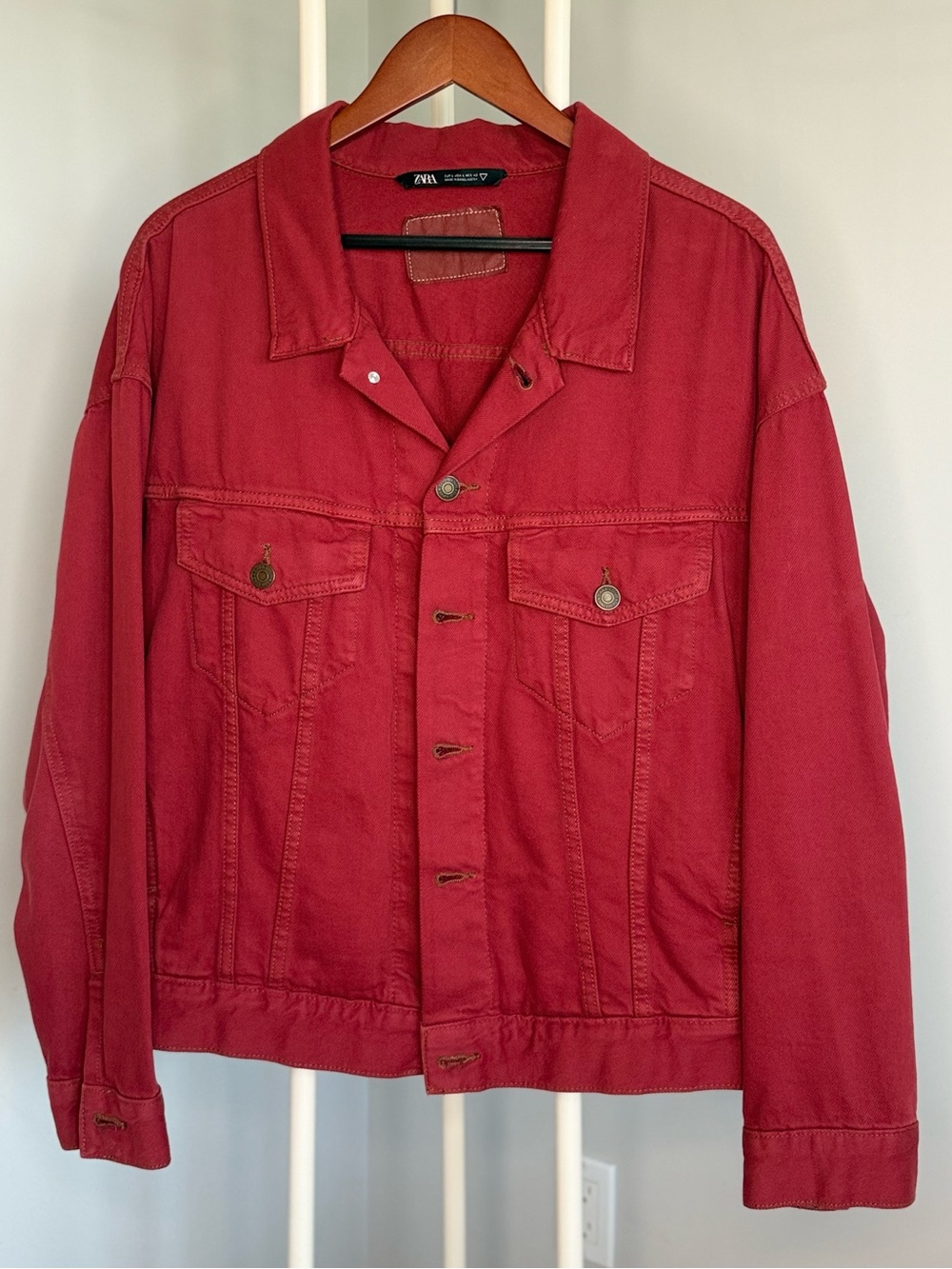 Zara Men's Red Denim Jacket - Button Front